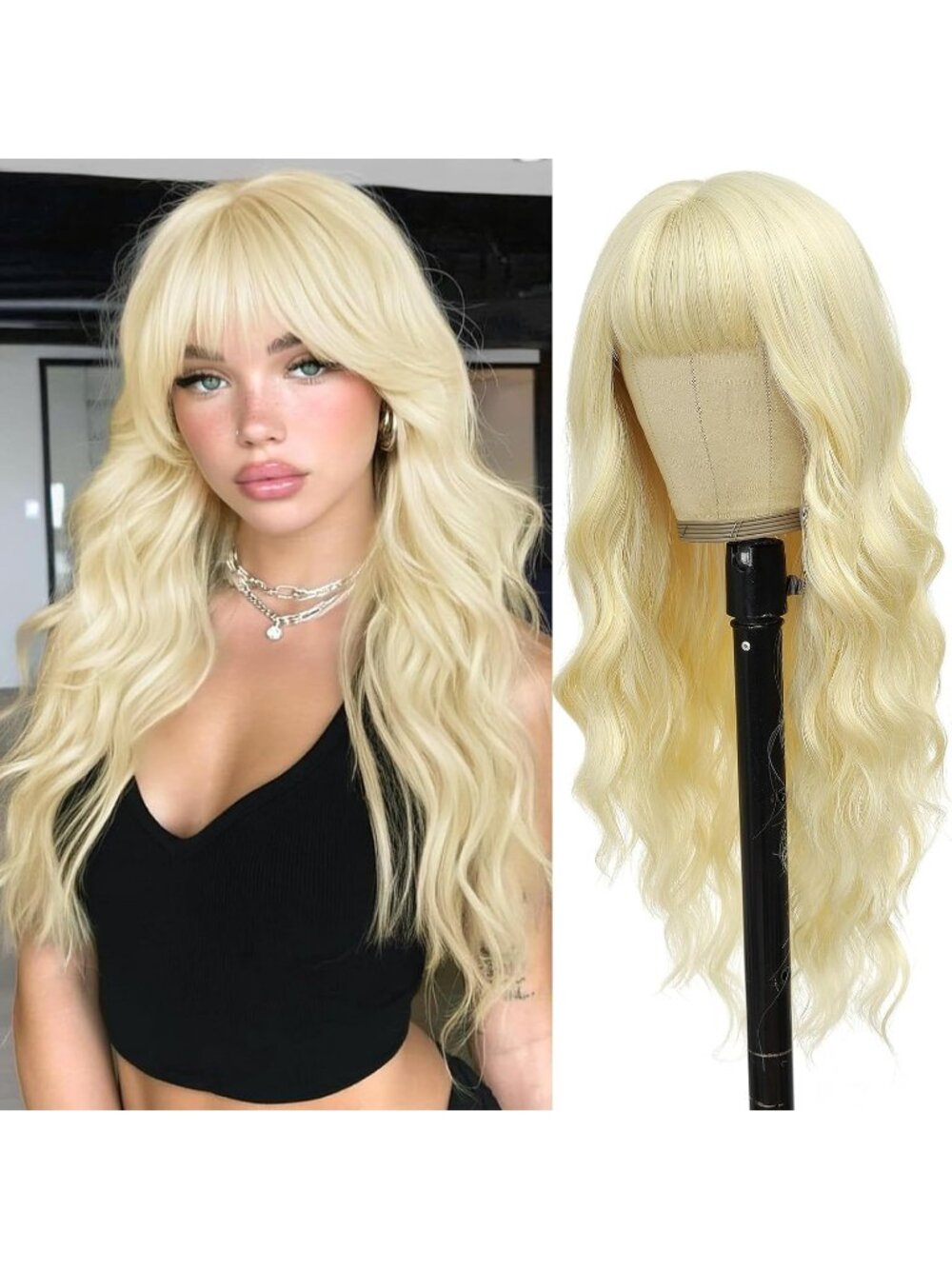 Women's Blonde 26 Inch Natural Looking Heat Resistant Synthetic Wigs Bangs